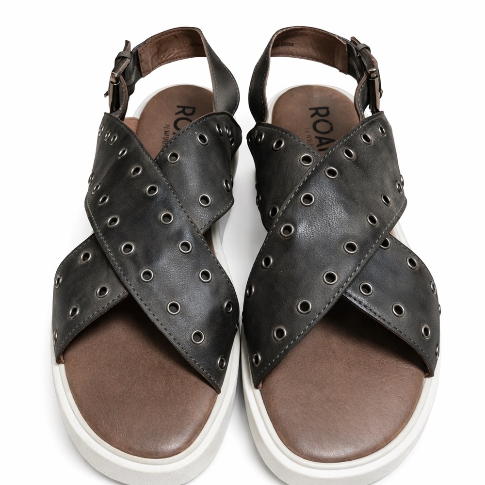 Roan by Bed Stu‎ Bosco Gray Leather Grommet Platform Sandals Size 7.5